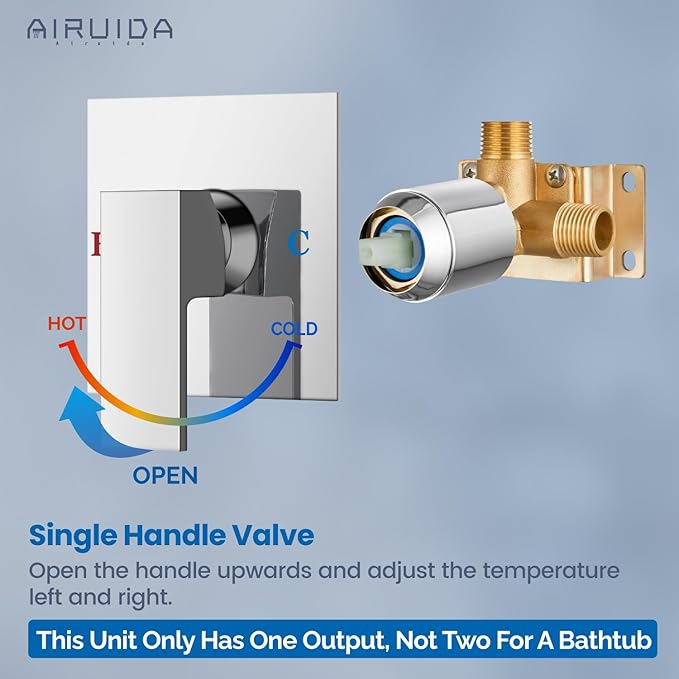 Airuida Square Single-Function Brass Faucet Shower Rough-in Valve Male Thread Bathroom Trim Kit Single Handle Tub Shower Valve 4.3 Inch Cover Plate Chrome Polish