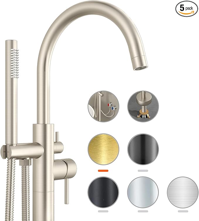 Freestanding Bathtub Faucet Waterfall Tub Filler Brushed Nickel Floor Mount Brass Single Handle Bathroom Faucets with Hand Shower (Brushed Nickel, The bottom of the water)