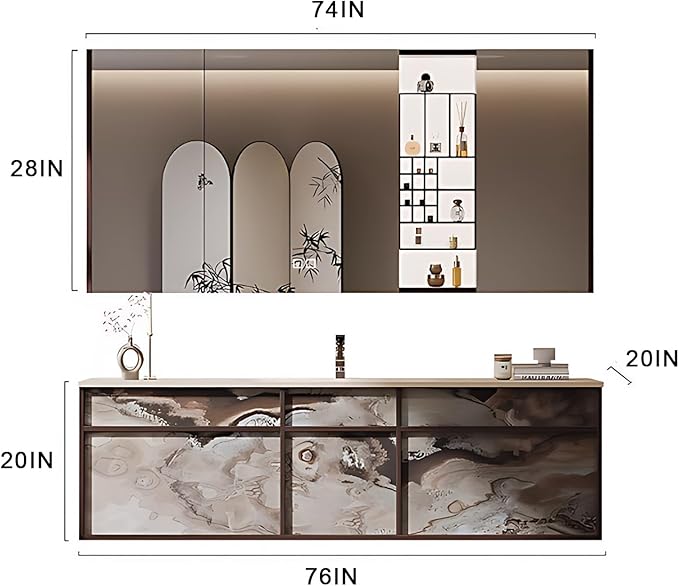 76IN Modern Bathroom Vanity with Sink - Bathroom Vanity with 2 Drawer Organizer, LED Mirror Lights & Defogging Function | Wall - Mounted Vanity with Silver Sink Faucet