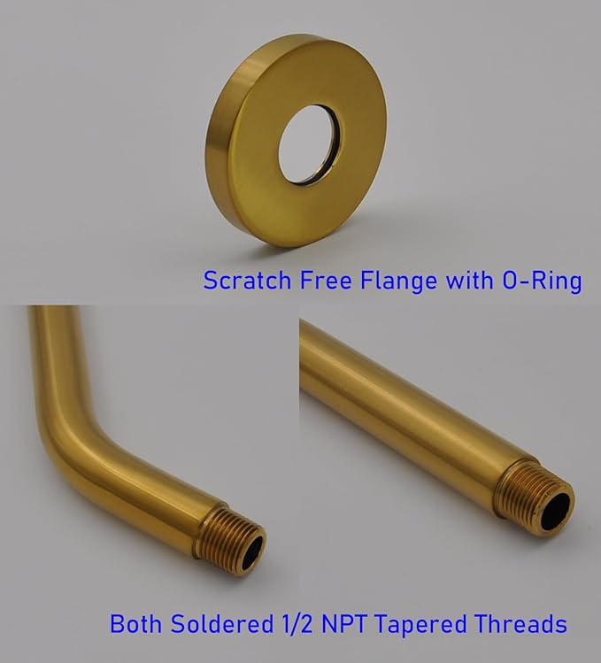 Aquaiaw Shower Arm and O-Ring Flange, 8 inch, Solid Brass, Round, Both Soldered 1/2 NPT Tapered Threads, Wall Mount Shower Arm Extension, Rain Shower Head Arm, PVD Brushed Brass (Matte Brushed Gold)