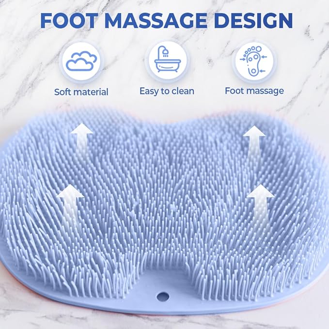 Shower Foot Scrubber Mat with Non-Slip Suction Cups, Non Slip Bathtub and Shower Mat with Suction Cups and Drain Holes, Foot Back Cleaning Pad Back Washer Exfoliating Bath Wash Pad (Blue)