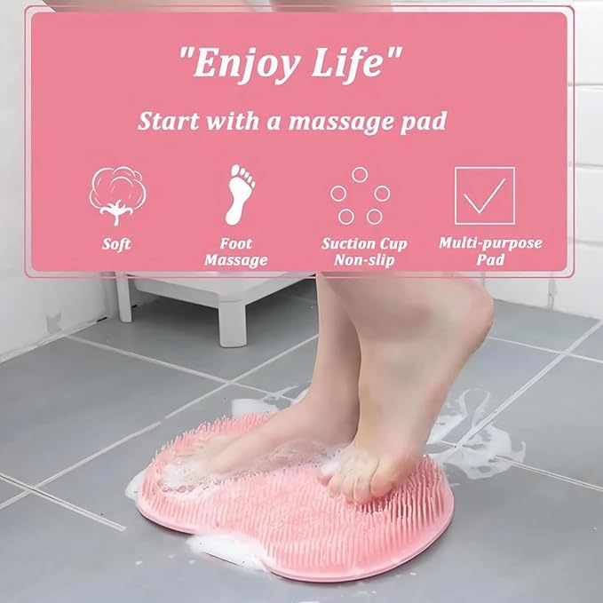 Shower Foot & Back Scrubber, Massage Pad with Suction Cups & Pumice Stone, Multi-Surface Silicone Bath Mat for Exfoliating and Massaging in Shower or Bathtub, 9.8x11.8 Inch (Yellow)