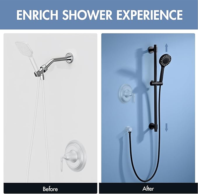 Adjustable Shower Slide Bar with 5-Function Handheld Shower Head, Stainless Steel Drill-free Mounted Slide Bar Combo with Extra Hose (Matte Black)