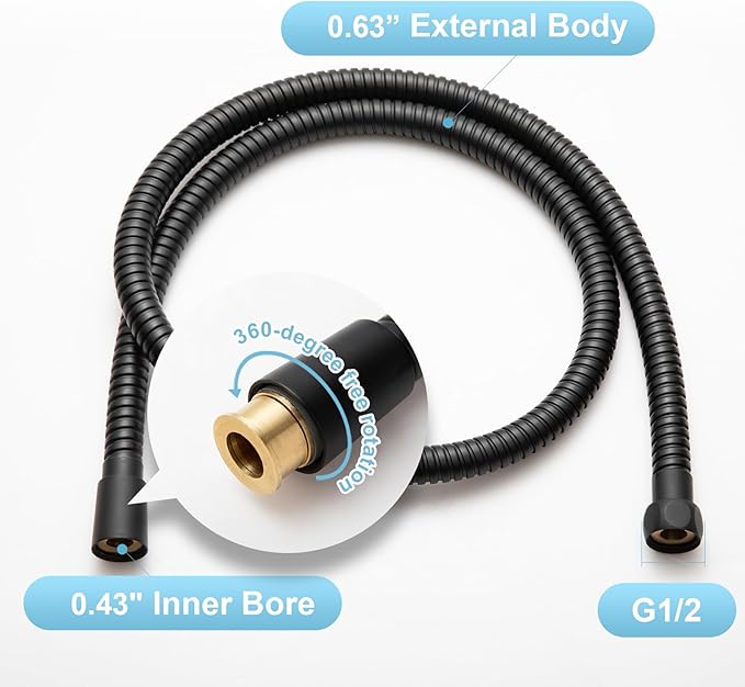 OFFO Shower Hose High Flow 0.43” Large Bore, 80 in Kink Free Stainless Steel Shower Head Hose Replacement G1/2”, Leak-proof Extra Long Flex Handheld for Pet Bathing Cleaning, Matte Black