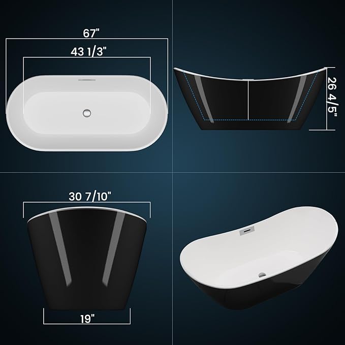 67" Freestanding Acrylic Bathtub, Modern Soaking Tub with Chrome Overflow & Drain, CUPC Certified, Deep Soaking Design for Luxurious Spa Experience, Contemporary Bathroom Centerpiece
