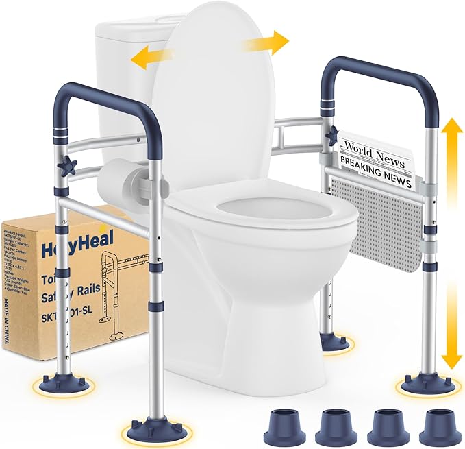 Toilet Safety Rails for Seniors, Adjustable Height & Width Toilet Rails, 350 lb Toilet Handles for Elderly and Disabled, Foldable Toilet Safety Frame, Toilet Bars Fit Any Toilets