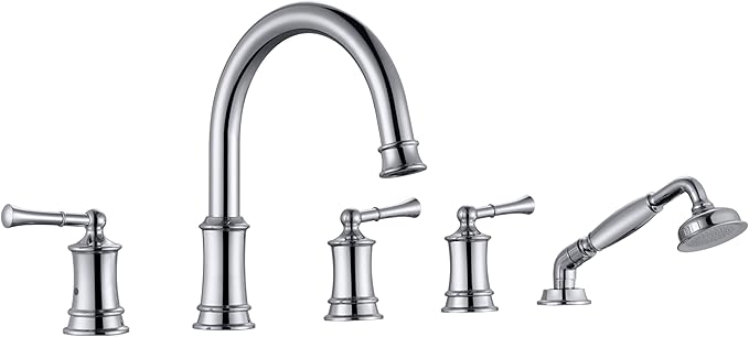 Roman Tub Faucet with Hand Shower, Antique Tub Shower Faucet Set with Valve for 5 Hole, Deck Mount 3 Handle Bathtub Filler High Flow, Polished Chrome(B2309-CP)