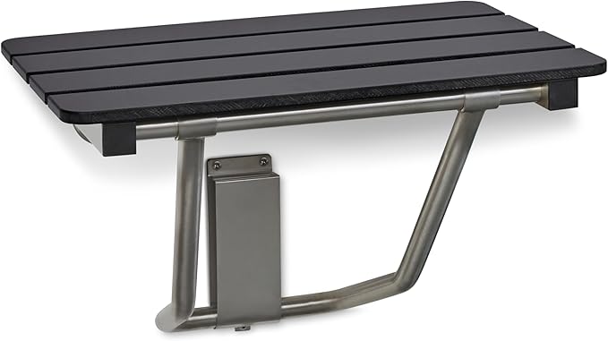 28-inch x 15-inch ADA Folding Wall Mount Bathroom Shower Seat Bench, Black Slatted Phenolic Seat