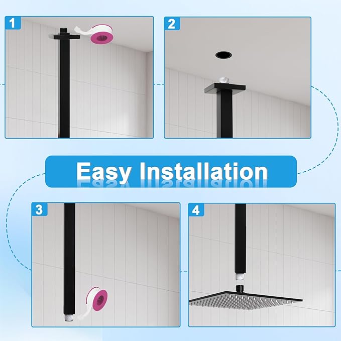 Ceiling Mount Shower Arm with Flange 20 Inches Square Straight Extender Extension Pipe Replacement, Long Shower Arm For Fixed Rain Shower Head or High Ceiling,Matte Black
