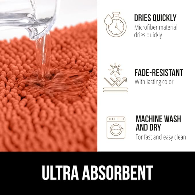 GORILLA GRIP Bath Rug Mat 36x24, Thick Soft Absorbent Chenille, Quick Dry Microfiber Mats, Rubber Backing Washable Shower Floor Rugs, Bathmat Runner, US Designed Bathroom Home Decor Accessories Coral