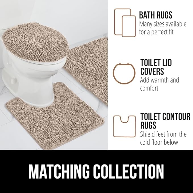GORILLA GRIP Bathroom Rug Sets 3 Piece, Bath Mat Set and Oval Toilet Base with Rubber Backing, Plush Absorbent Shaggy Chenille Washable Mats, Includes 24x19.5, 24x17 and 36x24 Inch Rugs, Gray Beige