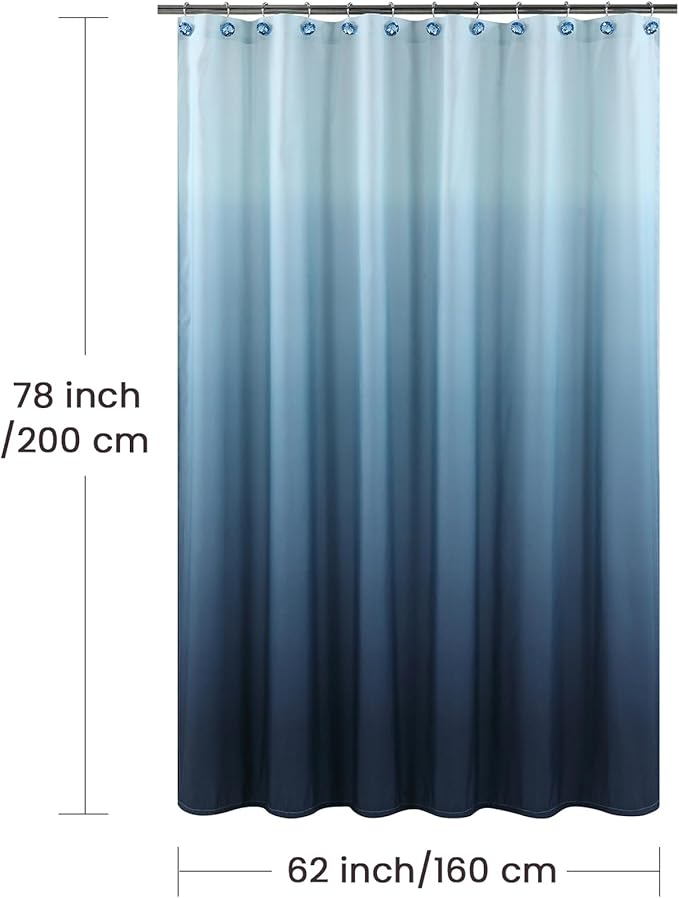 Long Fabric Shower Curtain, Navy Blue Ombre Microfiber Cloth Shower Curtains for Bathroom, Modern Waterproof Bathroom Curtains, 62" W x 78" H