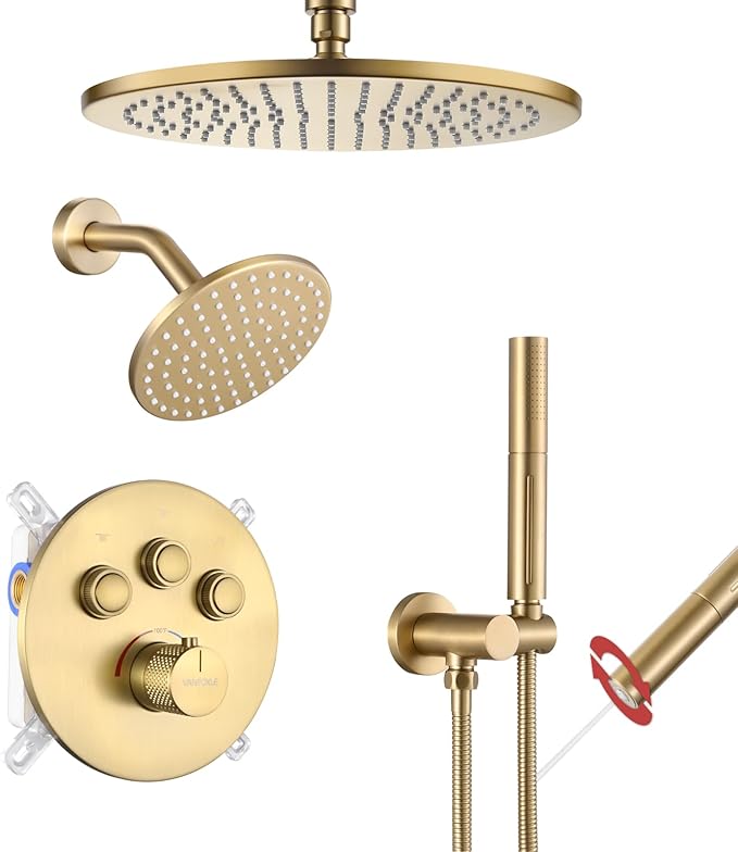 VANFOXLE Thermostatic Shower Faucet Set Brushed Gold Shower System,Push Button Diverter Shower Faucet with 2 in 1 Handheld,Ceiling Mount Increased Thickness 12 Inch Shower Head with 6 Inch Shower Head