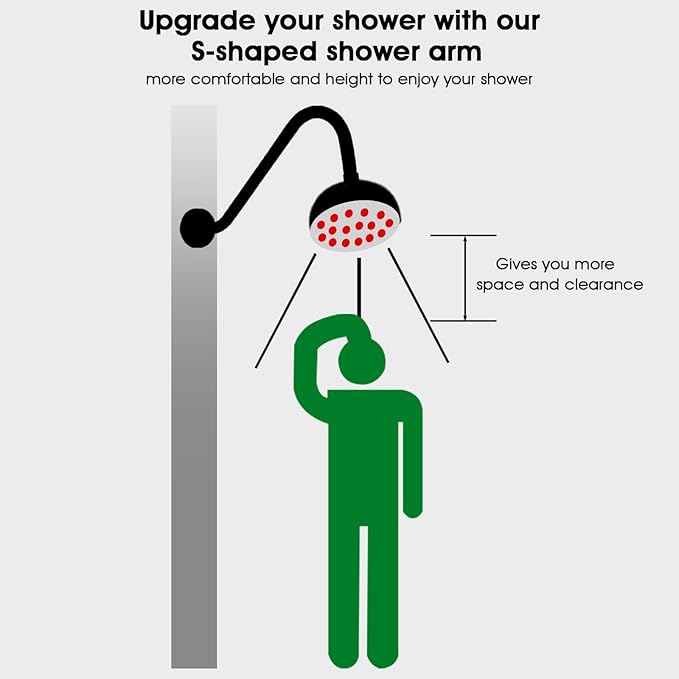 Shower Head Arm 10 Inch Matte Black, S Shaped Shower Head Extender Arm with Flange and Stabilizer