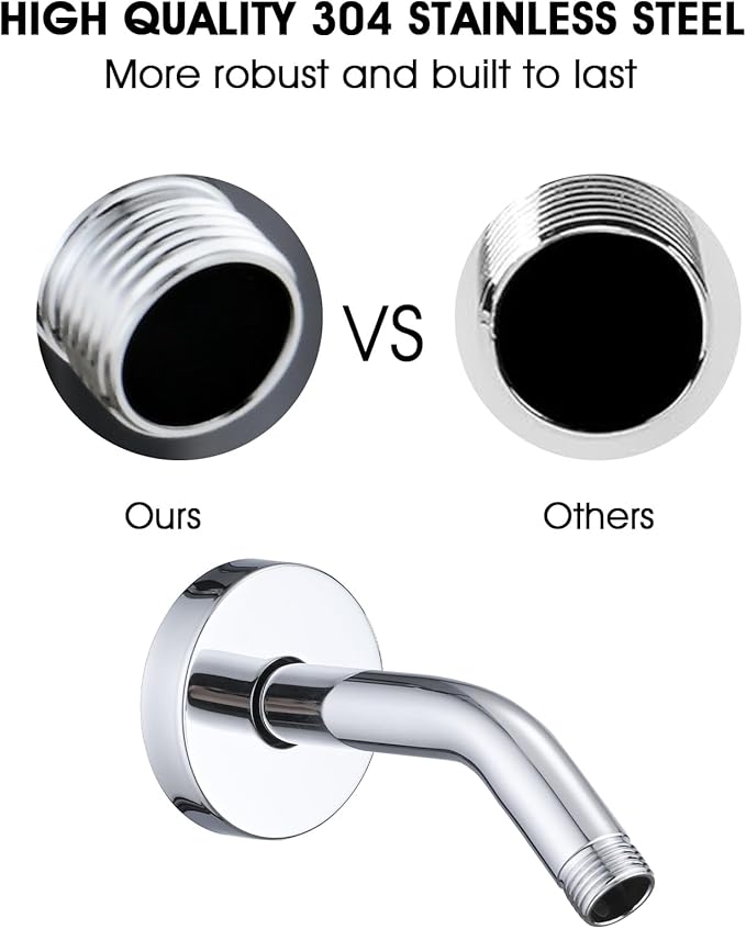 6 Inch Shower Arm with Flange and Stabilizer Bracket, Wall Mounted Shower Pipe Arm 304 Stainless Steel For Fixed Shower Head & Handheld Showerhead, Chrome