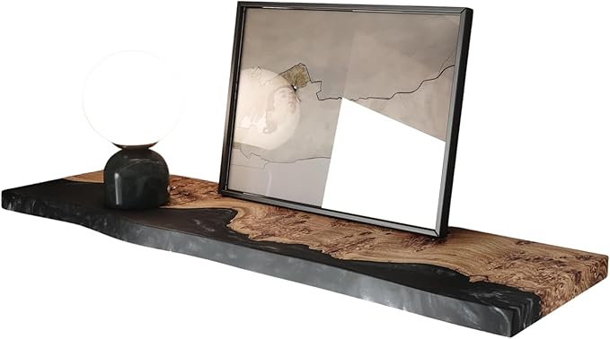 RWA Live Edge Floating Shelf – Unique Wood Floating Shelf for Wall Decor, Living Room, Bedroom, or Bathroom – Stylish Decorative Wall Shelves for Home & Office (Live Edge, Black - 16x6)