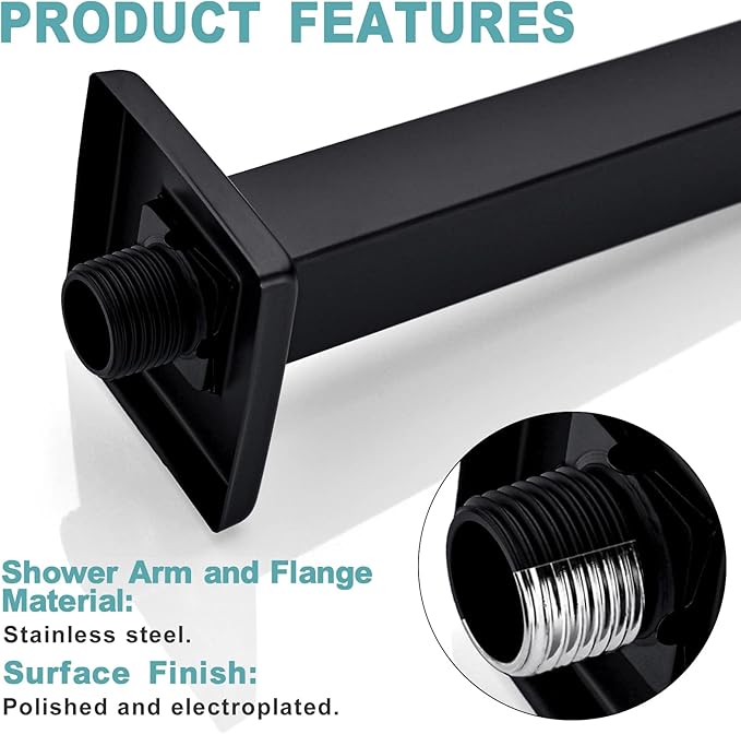 BESTILL 10 Inch Matte Black Ceiling Mount Shower Arm and Flange, Square Rain Shower Arm