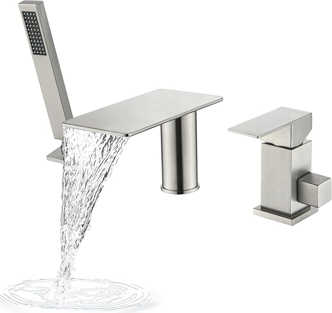 Waterfall Roman Tub Faucet with Sprayer, Deck Mount Tub Faucet Single Handle 3 hole Roman Tub Faucet High Flow Bathtub Faucet Set, Brushed Nickel