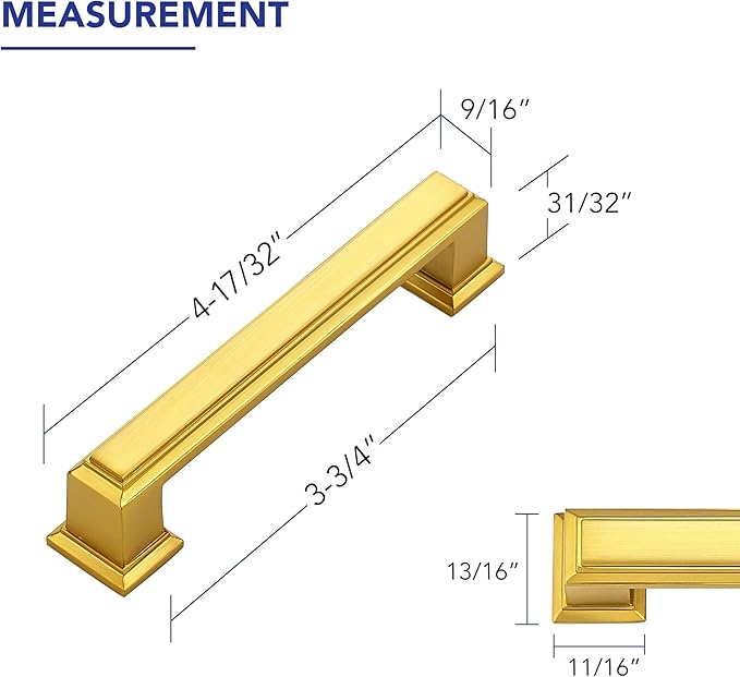 Ravinte Hardware 10 Pack Brushed Brass Cabinet Pulls, 3-3/4 Inch (96mm) Hole Center Zinc Alloy Drawer Handles for Kitchen Cabinets, Cupboards, Dressers, Square Solid Metal Hardware
