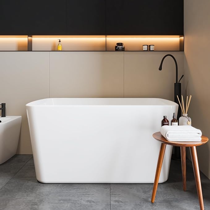 49" Acrylic Freestanding Soaking Bathtub, Matte Drain & Black Overflow, Modern Design Tub for Home Bathroom Renovations, Glossy White