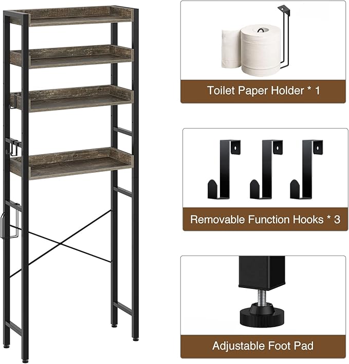 Rolanstar Over The Toilet Storage 4-Tier, Sturdy Bathroom Shelf with Adjustable Shelf, Freestanding Over The Toilet Rack for Bathroom, Behind Toilet Rack, Fix Most Toilet, Space-Saving, Gray