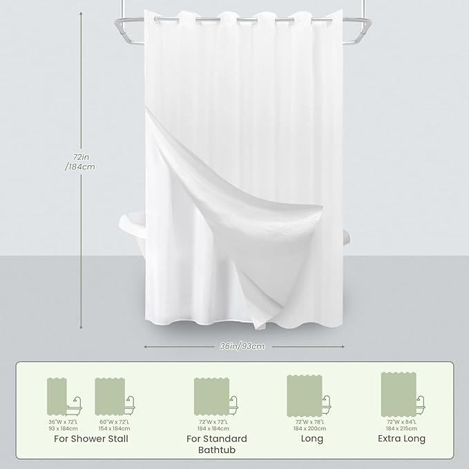 Inhousolu No Hook Waffle Weave Shower Curtain with Removable Snap in Fabric Liner Set for Bathroom, 230 GSM Heavy Duty Weighted Hem, Water Repellent Washable Bath Curtains, 36 x 72 Inch, White