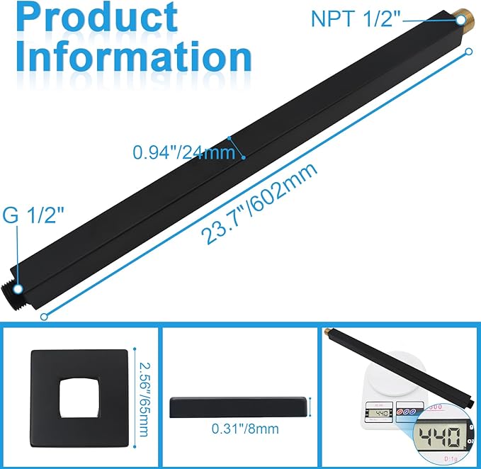 Shower Arm with Flange 24 Inches Ceiling Mount Square Straight Extender Extension Pipe Replacement, Extra Long Shower Arm For Fixed Rain Shower Head or High Ceiling, Matte Black