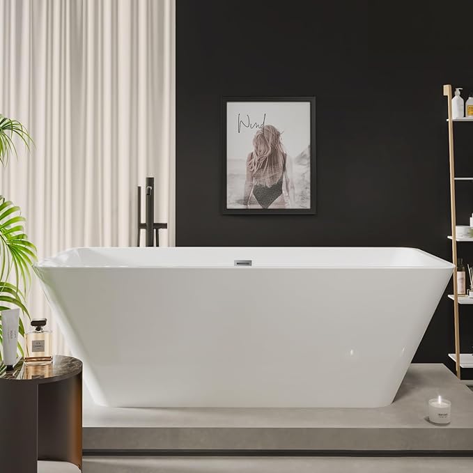 59" Freestanding Bathtub，Acrylic Deep Soak Tub, Glossy White, Easy Install with Overflow & Drain