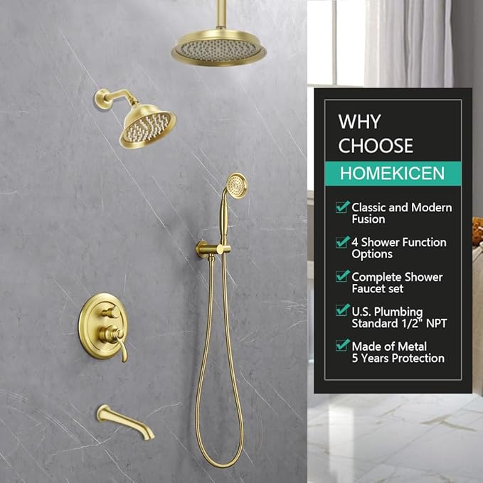 Dual Antique Shower Head System with Tub Spout: 9" Ceiling Mounted Rain & 6" Wall Mount Rainfall, Handheld Spray Vintage Faucet Set, 4 Way Diverter Brass Valve with Trim Kit, Brushed Gold