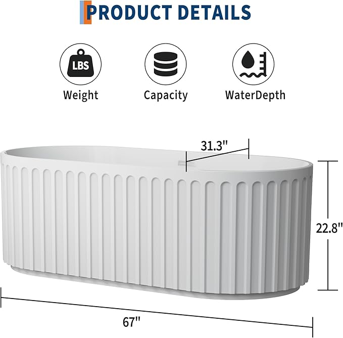 67" Freestanding Bathtub, Deep Soaking Tub with Non-Slip Base, CUPC Certified Stand Alone Tub, Modern Bathroom Soaker Tub with Chrome Drain, Easy Install, White