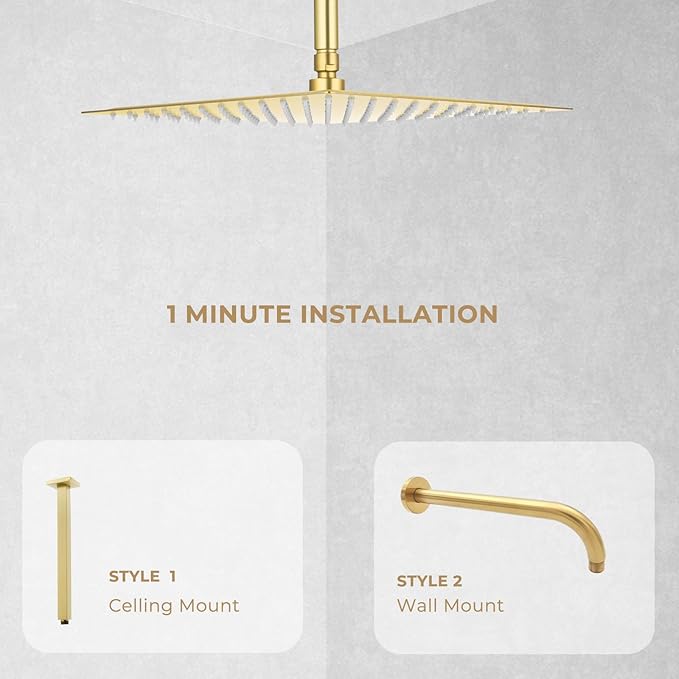High Pressuer Square Rain Shower Head, Ultra Thin, SUS304 Stainless Steel, Universal Any Decorative Style, All Metal Rainfall Shower Head, Brushed Gold, 2.5 Gpm, 12 inch