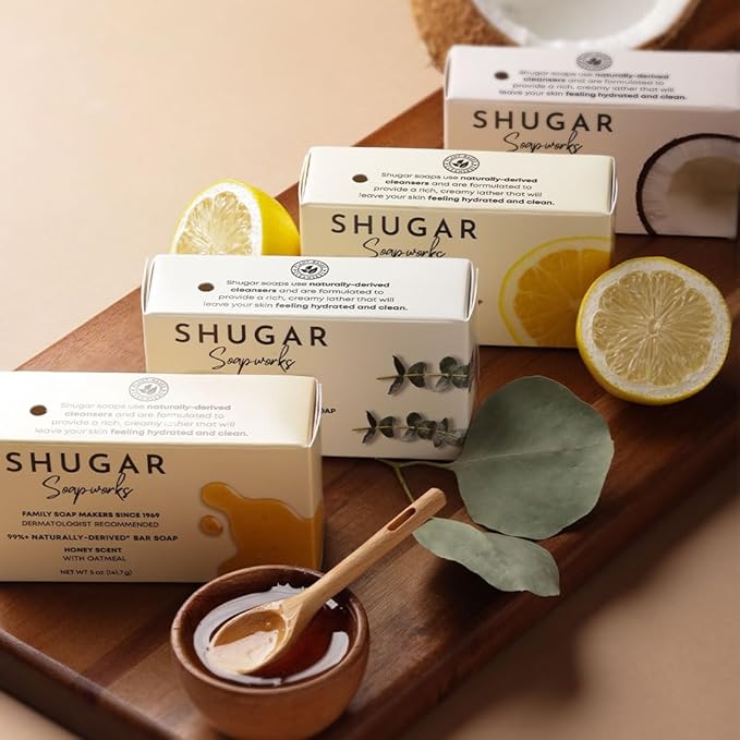 Shugar Soapworks Oatmeal & Coconut 5 oz Beauty Bar Soap 8-Pack | Plant-Based Vegan Formula | Sulfate & Paraben Free | Moisturizing Gentle Cleanser with Finely Ground Oatmeal Flakes