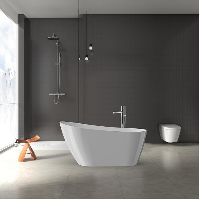 ‎59 Inch Acrylic Freestanding Bathtub, Bathtub with Matte Drain and Overflow, Modern Square Tub with Deep Ergonomic Design and Double-Walled Insulation, Double-Walled Insulation, cUPC Certified