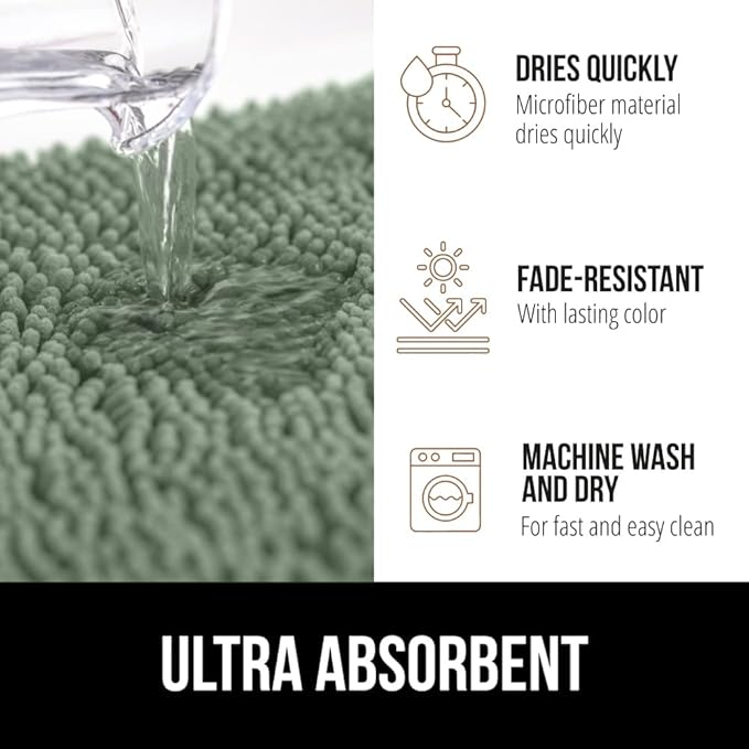 GORILLA GRIP Bathroom Rug Sets 3 Piece, Bath Mat Set and Oval Toilet Base with Rubber Backing, Plush Absorbent Shaggy Chenille Washable Mats, Includes 24x19.5, 24x17 and 30x20 Inch Rugs, Sage