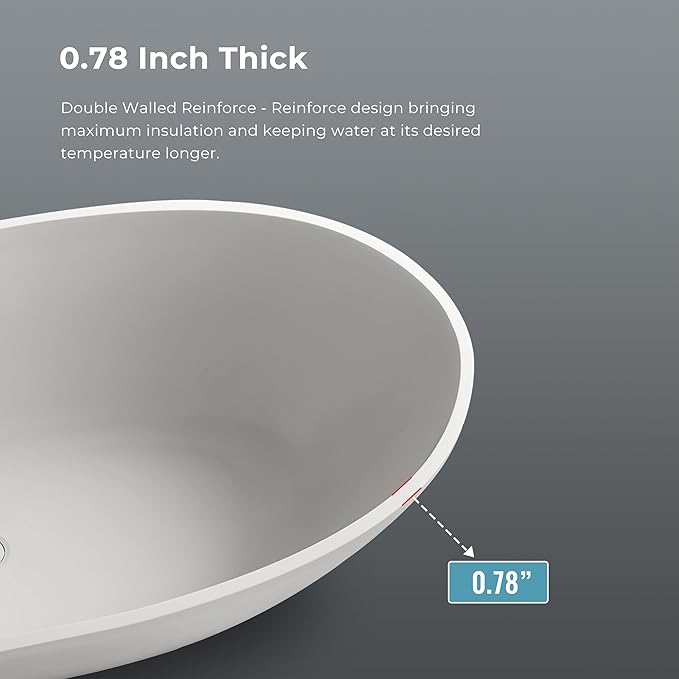 Premium Upgraded 63" Solid Surface Freestanding Bathtub, Unique Oval Stone Resin Tub with Overflow and Pop-up Drain, Matte White