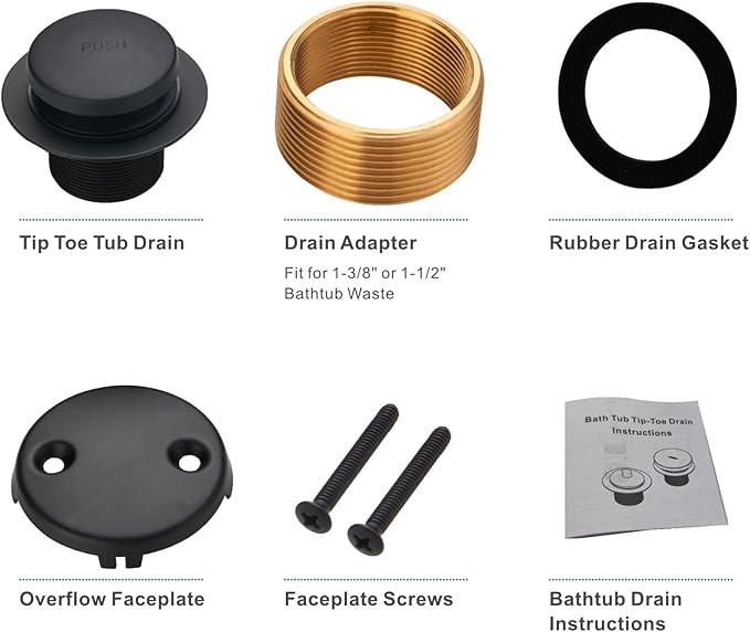 Black Tub Drain Tip-Toe Tub Trim Set Conversion Kit Assembly, Hidrop Bathtub Drain Replacement Trim Kit with 2-Hole Overflow Faceplate and Universal Fine/Coarse Thread, Matte Black