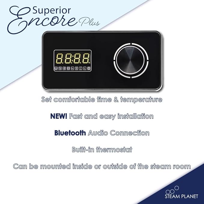 Superior Encore Plus 6 kW Steam Shower Generator Kit with Horizontal Black Keypad, Drip Pan & White Light | Bluetooth Audio|Self-Draining Steam Bath Generator|One-click Connection Cord|