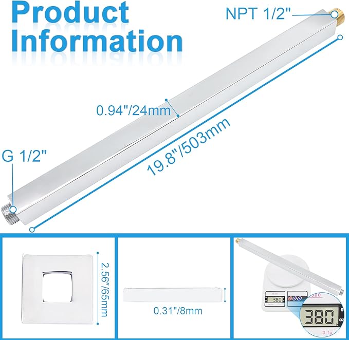 Ceiling Mount Shower Arm with Flange 20 Inches Square Straight Extender Extension Pipe Replacement, Long Shower Arm For Fixed Rain Shower Head or High Ceiling, Chrome