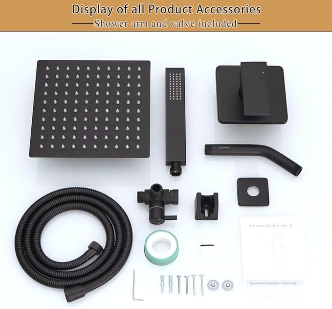 8 Inch Rainfall Shower Head and Handheld Spray Combo with 3-Way Diverter and Touch-Clean Nozzles, Rough-in Valve Body and Trim Included, Matte Black