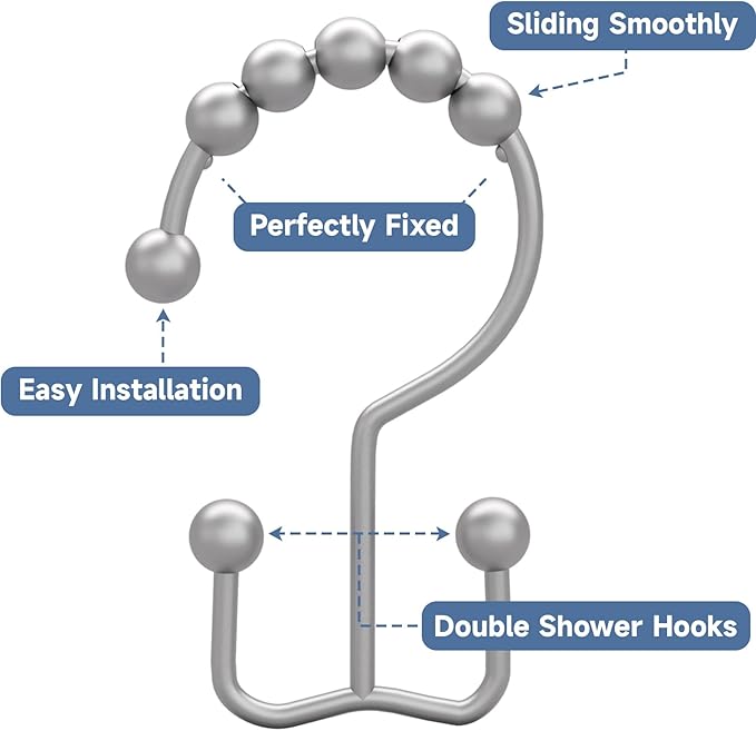 Titanker Shower Curtain Hooks Rings, Rust-Resistant Metal Double Glide Shower Hooks for Bathroom Shower Rods Curtains, Set of 12 Hooks - Space Silver