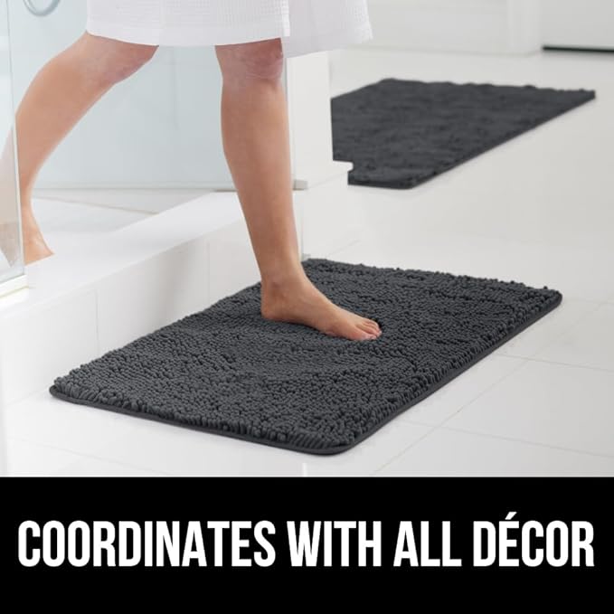 GORILLA GRIP Bath Rug Mat 30x20, Soft Absorbent Chenille, Quick Dry Microfiber Mats, Rubber Backing Washable Shower Floor Rugs, Bathmat Runner, US Designed Bathroom Home Decor Accessories Charcoal