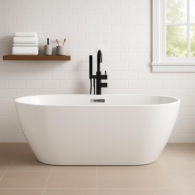 67 Inch Acrylic Freestanding Bathtub, Acrylic Soaking Bathtub with Matte Drain and Overflow, Deep Ergonomic Tub with Double-Walled Insulation, CUPC Certified, Modern Square Design