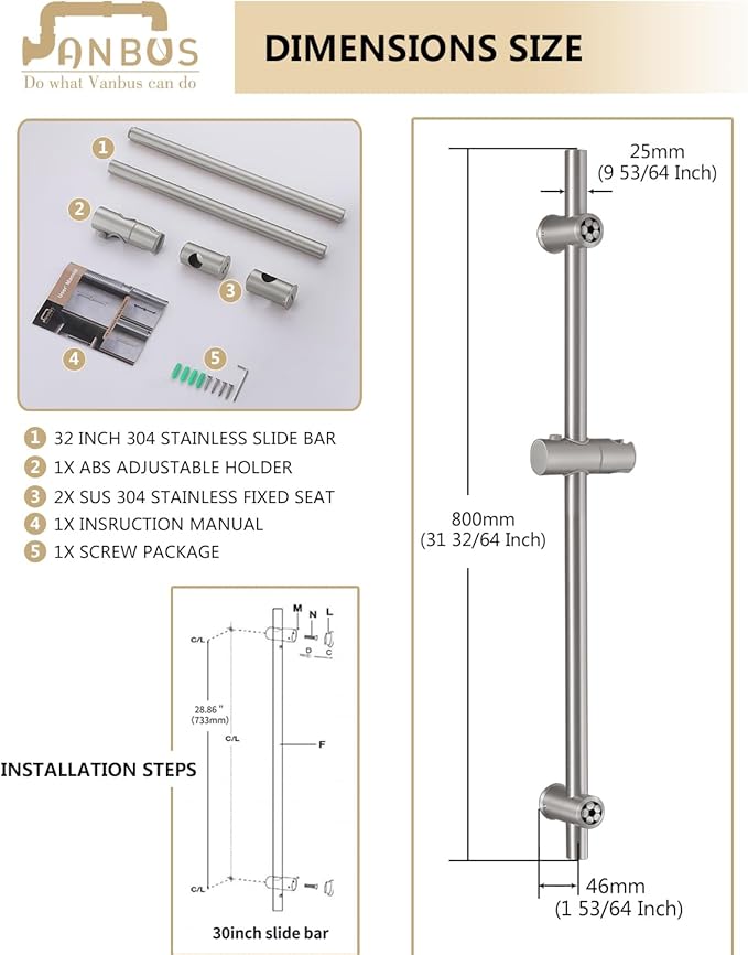 Brushed Nickel Shower Slide Bar 32 Inch with Height/Angle Adjustable Handheld Shower head Holder, Bathroom SUS 304 Stainless Steel Wall-Mounted for Bath