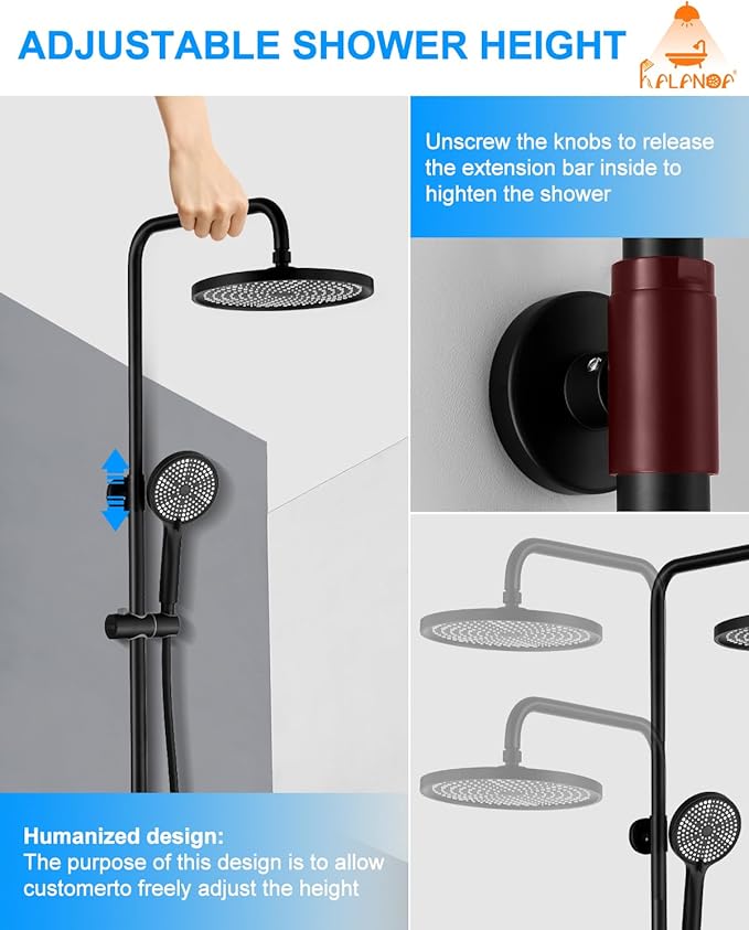 Outdoor Shower Fixture,3 Functions Handle Tub Rainfall Shower Faucet Sets with Dial Thermometer Brass Valve, Exposed Shower System with 10'' Rainfall Shower Head Adjustable (Matte Black)