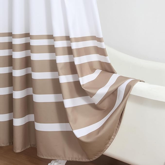 Beige and White Striped Shower Curtain 72x72 Inches, Waterproof Fabric with Modern Gradient Lines, 12 Rustproof Grommets & Weighted Hem