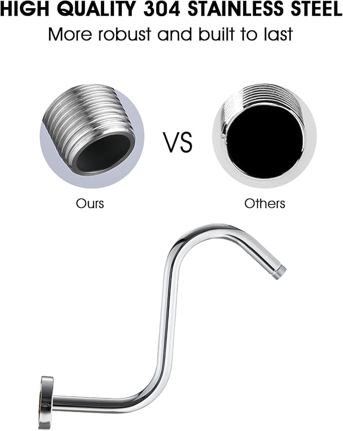 Shower Head Arm 10 Inch Chrome, S Shaped Shower Head Extender Arm with Flange and Stabilizer