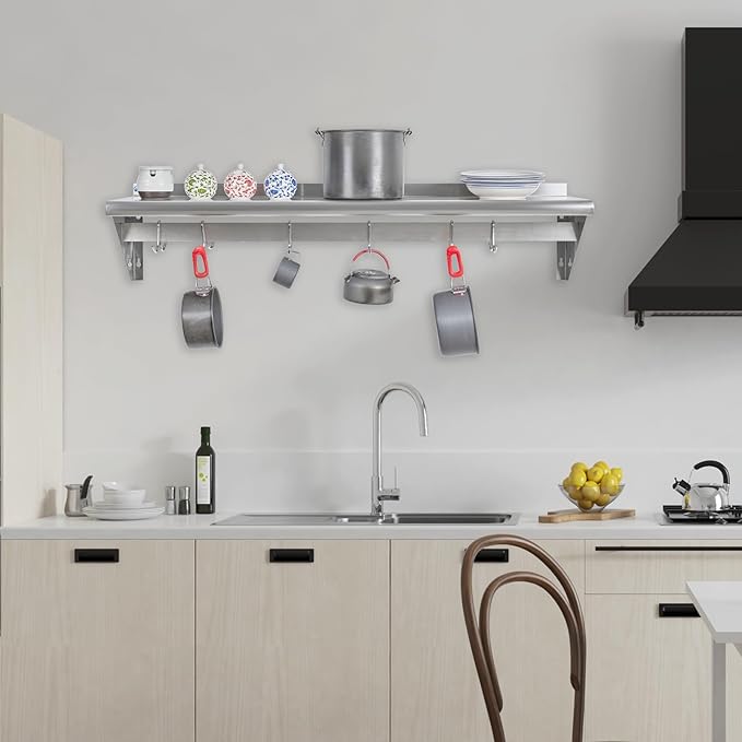 Hally Stainless Steel Shelf with 9 Hooks 12" x 60" Wall Mounted Pot Rack 315lb, NSF Commercial Floating Shelving for Storage Hanging Pots, Pans, cookware in Restaurant, Kitchen, Home and Hotel