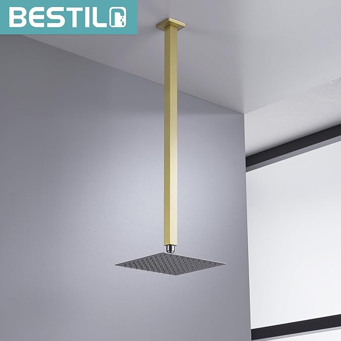 BESTILL 24 Inch Brushed Gold Ceiling Mount Shower Arm and Flange, Square Rain Shower Arm