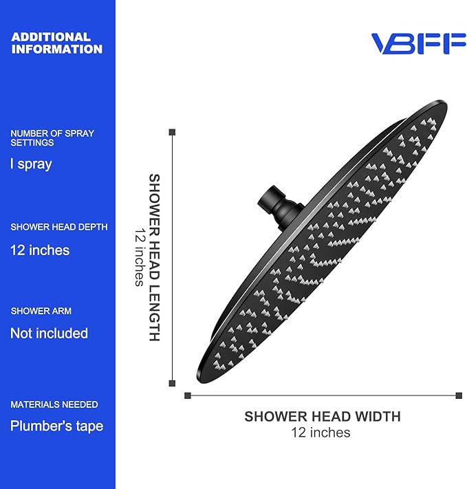 VBFF-Shower Head,rain shower head, 12 inch- Round Shower Head, 1.8 GPM Flow Rate, rainfall showerhead,VBFF13 (Matte Black)
