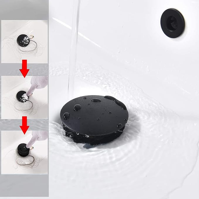 Bathroom Sink Drain,2 Pack Drain Stopper Bathroom Sink Without Overflow,Pop Up Drain Assembly with Detachable Strainer Basket,Built-in Anti-Clogging Strainer,Stainless Steel Mattle Black